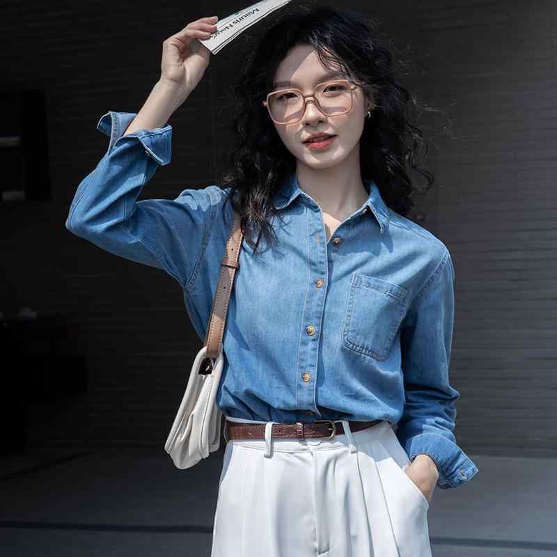 シャツ 女性用 春夏 ブルー 復古 港 ソフトデニム トップス コットン 素材 ゆったり デザイン 正肩 レイヤード インナー 小柄 対応 軽量 シャツジャケット