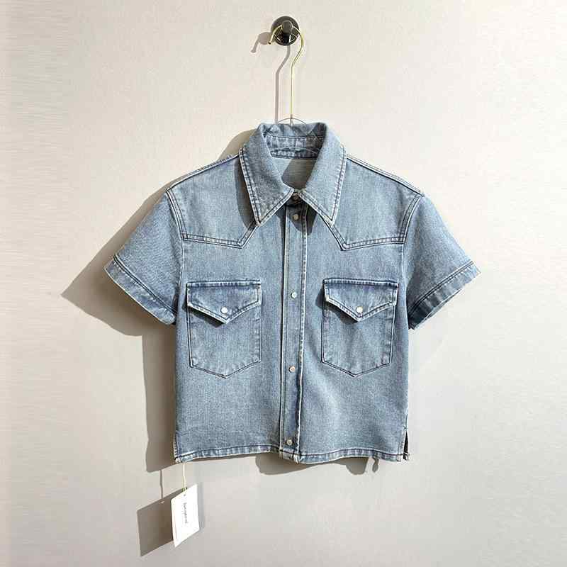 シャツ レディース 半袖 シングルブレスト 春夏 デニム トップス 洗い加工 ビンテージ 切り替え 綿素材 軽量 吸湿速乾 カジュアル 普段使い 通勤用 ブラック ブルー ピンク系 アイボリー 伸縮性 高級感 ビッグシルエット Vネック｜リバーパディ