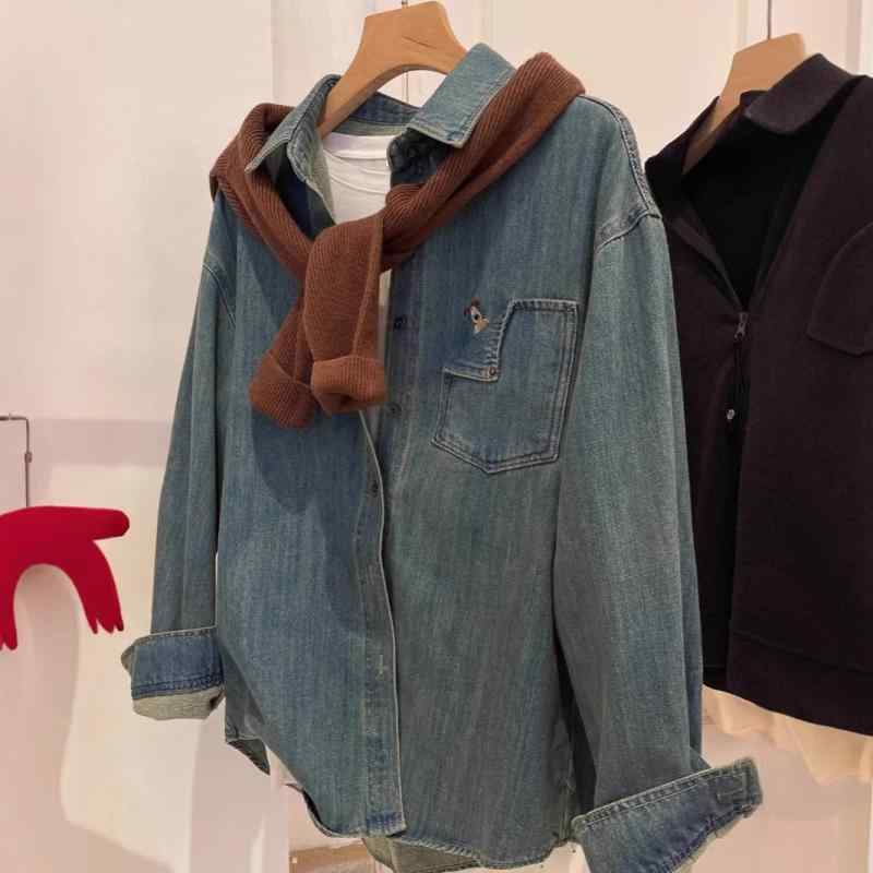 レディース シャツ トップス 復古 フラップカラー ブルー デニム 綿素材 刺繍 ワイドシルエット ゆったり コーディネート レイヤード 春夏 秋冬 通勤 普段使い 軽量 伸縮性 吸湿速乾 カジュアル インナー ジャケット