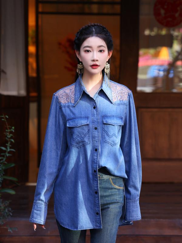 長袖シャツ 女性用 春夏 復古 牛仔 デザイン 刺繍 重厚 翻領 トップス ライトウェイト コットン 混紡 ハイネック ボタン ロングスリーブ ブルー デニム 柄 クラシック スタイル 普段使い 伸縮性 吸湿速乾 軽量