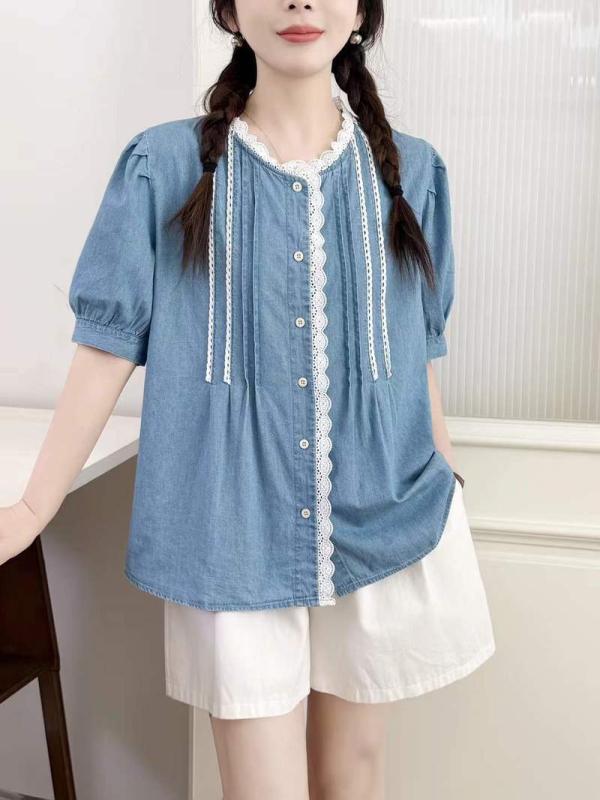 レディース 開襟 シャツ 短袖 トップス 牛仔素材 洗い加工 日系 刺繍 プリーツ ワイドシルエット ゆったり スタンドカラー コットン デニム 軽量 通勤 普段使い カジュアル スタイル 切り替え デザイン ベーシック アイボリー ピンク系 ブラック