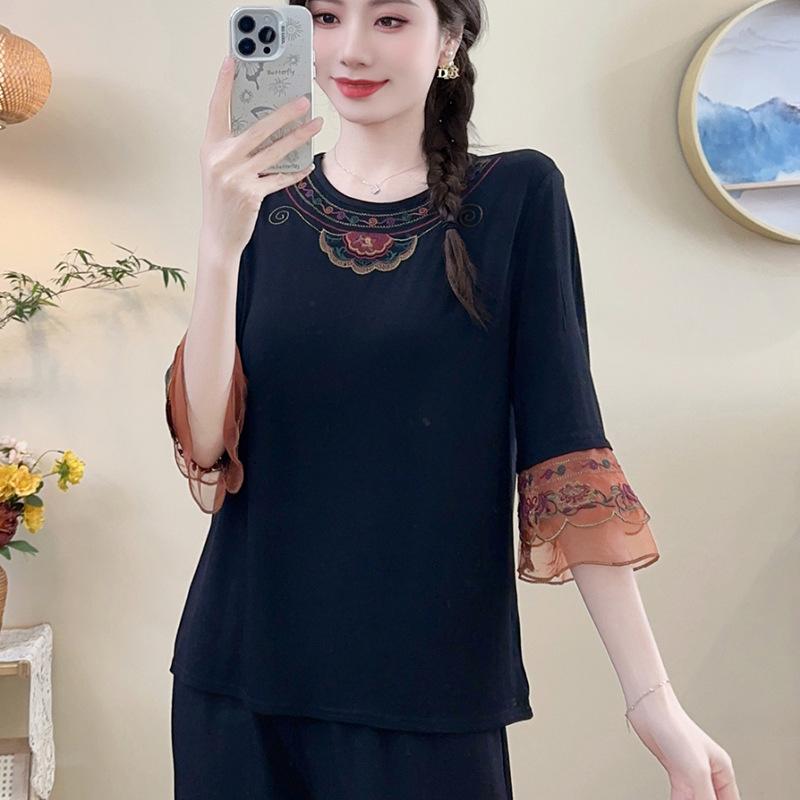 Tシャツ 女性用 春夏 刺繍 レース メッシュ ワイドシルエット 民族 トップス 刺繍デザイン ゆったり コットン混 吸湿速乾 通勤 普段使い 軽量 かわいい ブラック ピンク系 アイボリー ビッグシルエット Vネック カジュアル