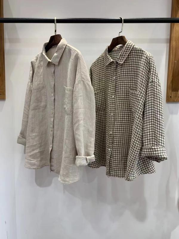 レディース シャツ トップス 秋 秋冬 麻 綿 混紡 素材 長袖 ゆったり ワイドシルエット シンプル デザイン 百搭 コーディネート 軽量 吸湿 速乾 機能 日常 使い 通勤 普段使い 秋服 秋物 女性用 復古 スタイル クラシック カジュアル シャツ