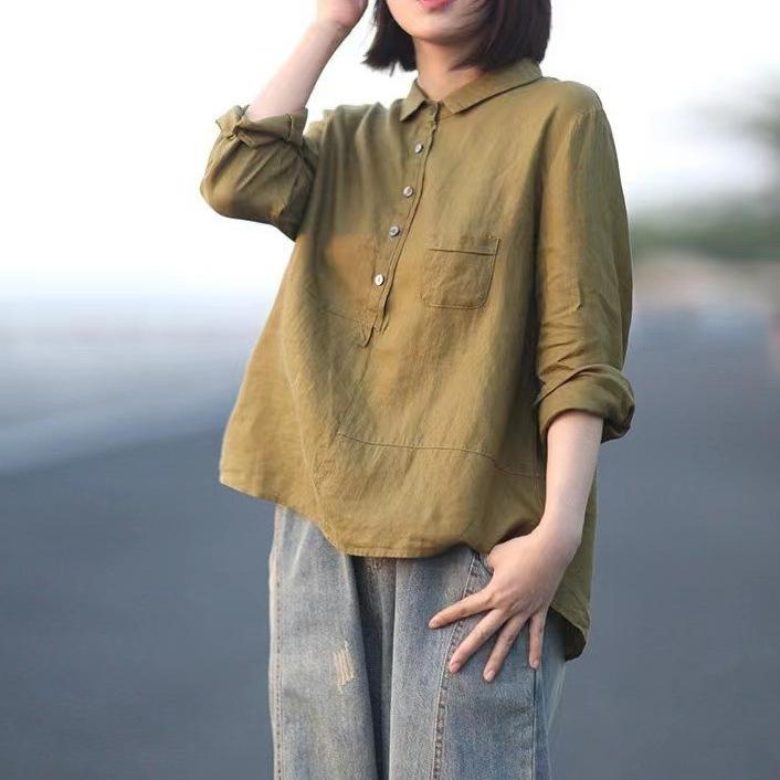 早秋 シャツ レディース 女性用 ゆるフィット 無地 麻 綿麻 長袖 フラットカラー 軽量 通勤 普段使い 秋冬 ゆったり 吸湿性 通年