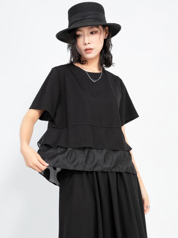 Tシャツ レディース 夏 ダーク クール ミニマム スタイル 不規則 切り替え ファッション ドール シャツ 短袖 トップス 上衣 吸湿速乾 軽量 コットン ブラック グレー アイボリー ビッグシルエット Vネック カジュアル 普段使い アウトドア