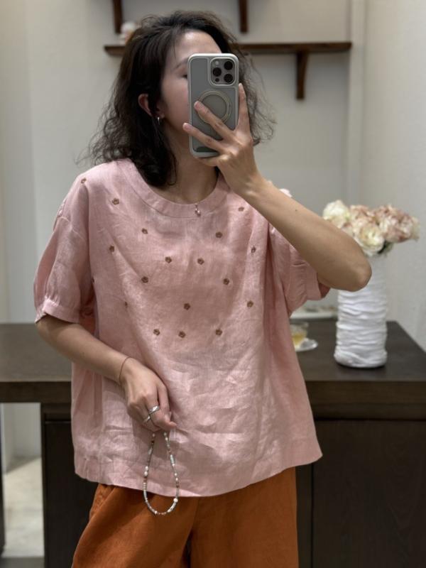 リネン 短袖 刺しゅう プルオーバー 成人女性用 春夏 ゆったり か細い 普段使い走り 吸湿速乾 綿混 トップス