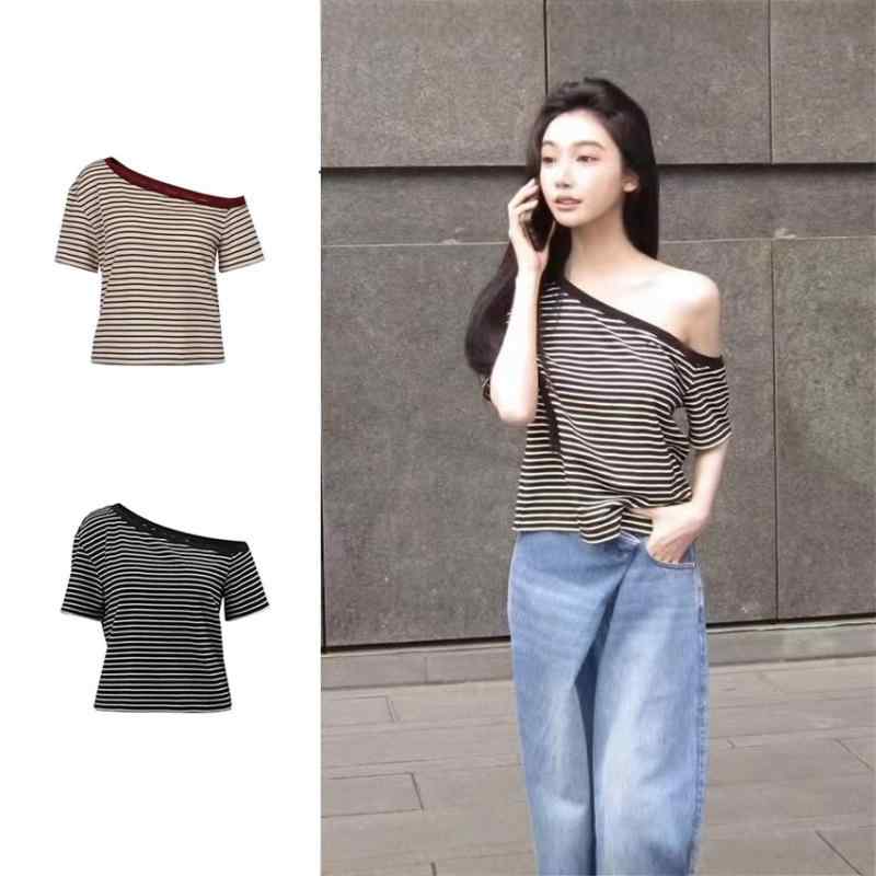 トップス 女性用 肩出し アシンメトリー ストライプ デザイン Tシャツ 短袖 かわいい 軽量 綿素材 ビッグシルエット 普段使い 春夏 カジュアル 吸湿速乾 伸縮性
