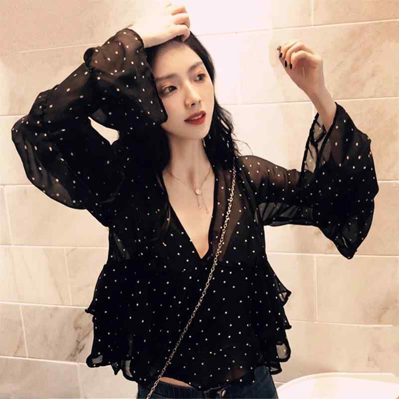 ブラウス 女性用 防晒 トップス 短め ポルカドット スリム シャツ フレア 長袖 カバーアップ シャツ 女性 軽量 シフォン 綿混 吸湿速乾 春夏 紫外線対策 通勤 普段使い ブラック ホワイト ピンク系 ビッグシルエット Vネック 接触冷感 再生繊維