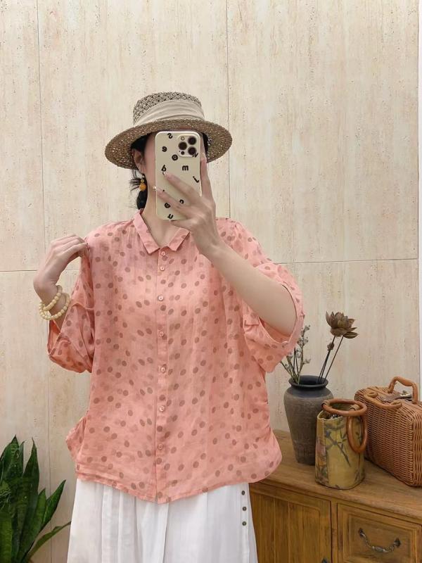 プルオーバー レディース 春夏 麻 当たること冷感 返り咲き 御花柄 一点柄 波点刷り上げる ゆったり影ぼうし 下げ翼色つや シングル乳ぶさ 名取り草留め 軽さ 通気性 吸湿速乾 普段使い走り 愛くるしい 亭主もち用 トップス