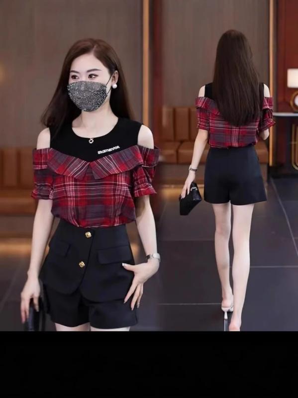 ブラウス 女性用 夏 肩出し 短袖 シフォン シャツ トップス チェック柄 Tシャツ フェイクツーピース 上衣 軽量 透け感 涼しい 吸湿速乾 スリムフィット ビッグシルエット カジュアル 普段使い 通勤 ブラック ピンク系 アイボリー