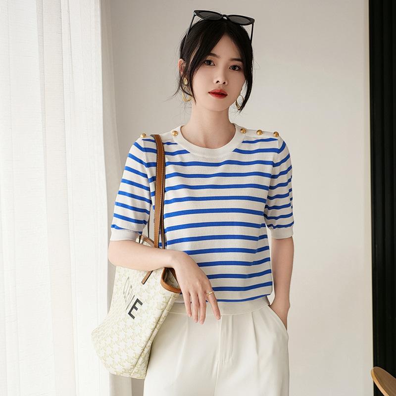 Tシャツ 女性用 春夏 ストライプ柄 ニット 半袖 ゆったりシルエット 気質 休? トップス 綿混 吸湿速乾 軽量 通勤 普段使い ブラック ピンク系 アイボリー