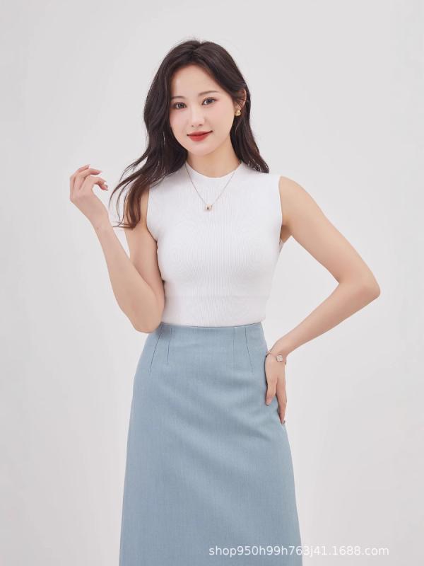 レディース 春夏 無縫製 一体型 半高領 ノースリーブ Tシャツ トップス ニット 軽量 高級感 ベーシック 接触冷感 吸湿速乾 キャミソール インナー 日常使い ブラック ホワイト グレー