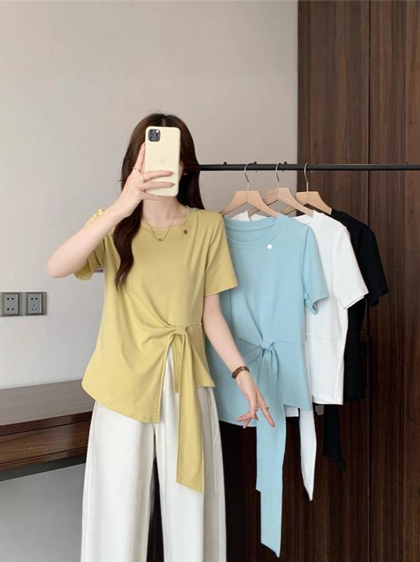 Tシャツ レディース 大きいサイズ 夏服 韓国 かわいい フリンジ デザイン 不規則 丸首 半袖 トップス ゆったり シルエット コットン 混紡 軽量 通気性 吸湿速乾 春夏 普段使い カジュアル スタイル
