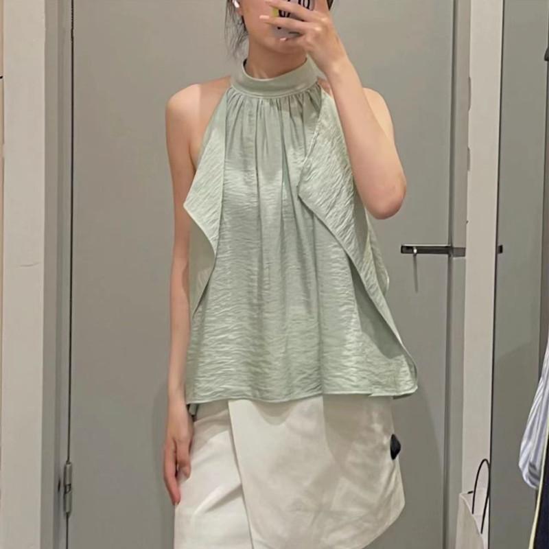 トップス レディース 春夏 無袖 吊り下げ ギャザー レイヤード イレギュラー シャツ 接触冷感 軽量 伸縮性 吸湿速乾 コットン 混紡 ハイネック レイヤードスタイル 普段使い 通勤 かわいい シルエット ブラック ホワイト ピンク アイボリー
