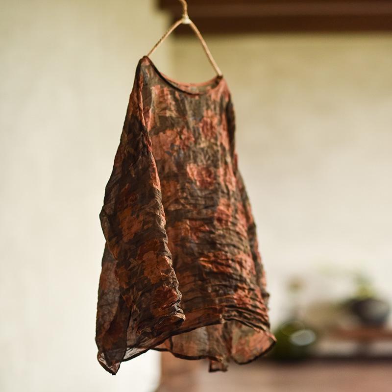 ブラウス レディース 春夏 トップス 長袖 デジタルプリント 麻 リネン 高品質 軽量 薄手 ゆったり 大きいサイズ 体型カバー レトロ ヴィンテージ 文芸 着痩せ 体型隠し 体系カバー プラスサイズ 通勤用 普段使い カジュアル きれいめ おしゃれ ｜リバーパディ