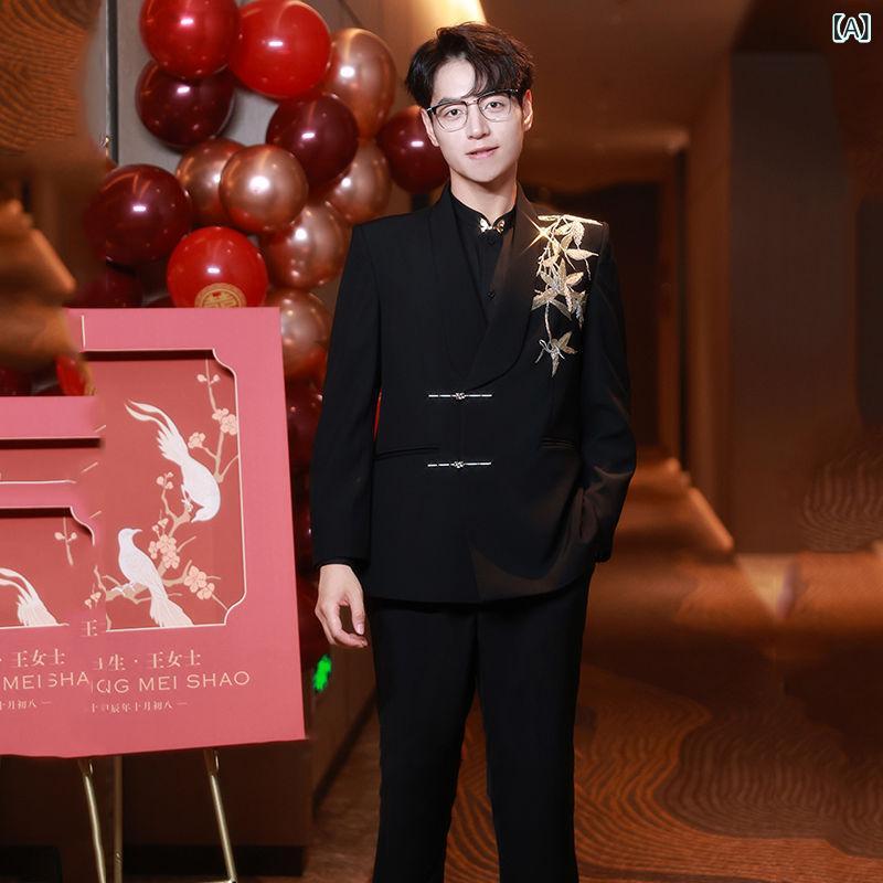 セットアップ 男性用 中山装 チャイナドレス 復古 唐装 中国 礼服 新郎 結婚式 二次会 披露宴 舞台衣装 紳士服 上下セット スーツ テーラードジャケット ロングパンツ 切り替えデザイン 高級感 レトロ モダン 和モダン 伝統的 コスチューム 発|リバーパディ
