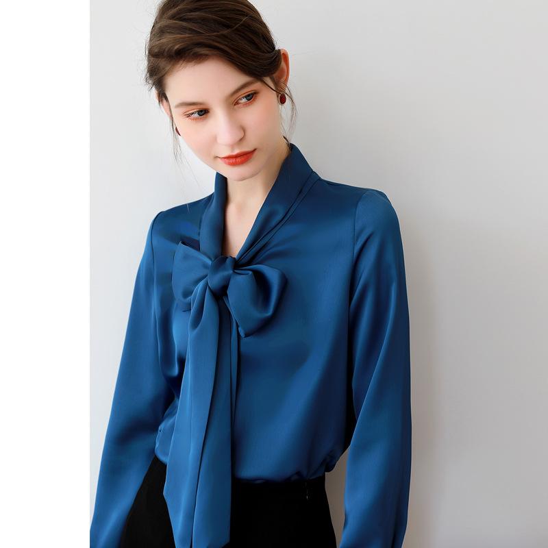 シャツ レディース 春夏 秋冬 法式 女性用 通勤用 ロングスリーブ 切り替え デザイン 蝶結び リボン 付き 光沢 生地 綿 混紡 素材 軽量 伸縮性 柔らかい 質感 ハイネック Vネック ビッグシルエット ブラック ピンク系 アイボリー カラー 普段