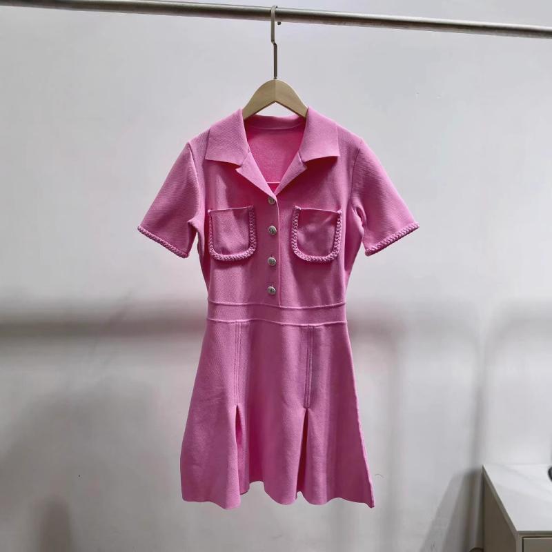 レディース ポロカラー ピンク系 麻花? 修身 ニット ワンピース ドレス 春夏 女性用 トップス 切り替え デザイン 軽量 伸縮性 吸湿速乾 綿麻 素材 ハイネック フレア スカート 膝丈 普段使い 通勤用 カジュアル