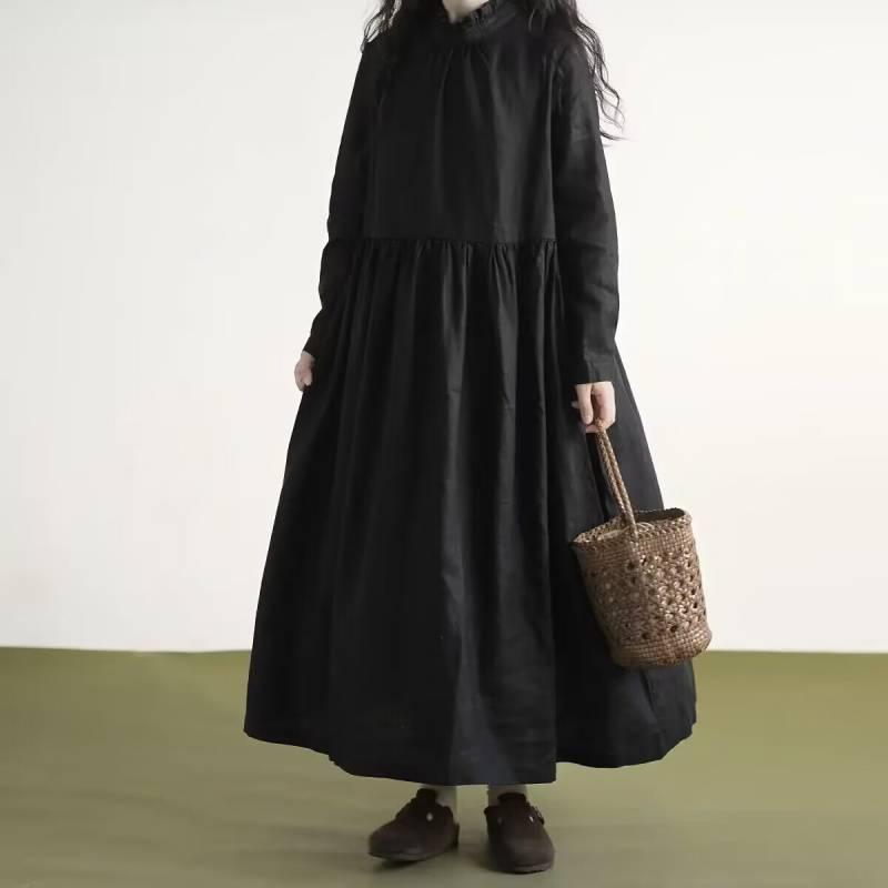 ワンピース レディース 長袖 ロング丈 ブラック 花柄 レース 襟 秋 秋冬 麻 素材 切り替え デザイン 伸縮性 軽量 ビッグシルエット 普段使い 通勤用 かわいい スタイル 再生繊維 混紡 吸湿速乾 ゆったり フィット スリム効果 合い ソフト タ