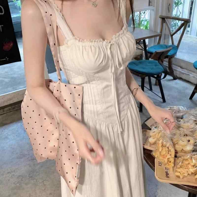 ワンピース 女性用 春夏 白色 レース 花柄 吊り下げ キャミソール コットン 麻 軽量 伸縮性 接触冷感 吸湿速乾 収腰 スリム ハイウエスト ロング丈 フレンチ かわいい スイート ティータイム 普段使い 通勤用 カジュアル ビッグシルエット Vネッ