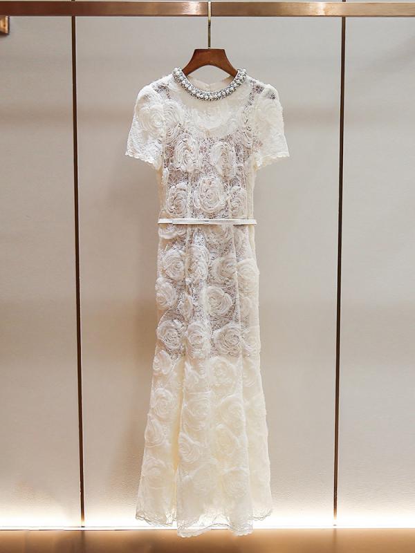 ワンピース 女性用 春夏 中長丈 丸首 レース刺繍 装飾 スタイリッシュ 高級感 軽量 綿混 フラワーデザイン 花柄 フェミニン 普段使い 通勤 通学 膝丈 フレアシルエット ピンク系 ブラック アイボリー|リバーパディ