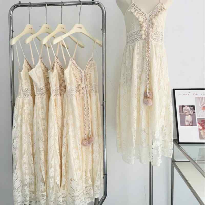 ワンピース 女性用 民族 レース 刺繍 フリンジ タンクトップ ロングドレス チュール 吊り下げ ビーチ 夏用 軽量 透け感 ゆったり シルエット 花柄 コットン混 爽やか スタイル