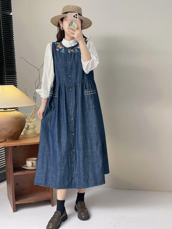 衣装 成人女性用 秋 無袖 ロングスコート ジーンズ 刺しゅう 風合い 秋冬 綿織物 交ぜ合わせる 膝丈 太陽面爆発 影ぼうし 軽さ 伸縮性 吸湿速乾 心地好い 普段使い走り 通い 通年