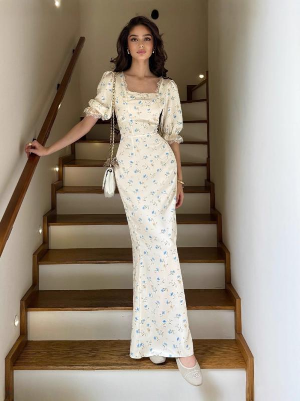 ワンピース 女性用 春夏 修身 系帯 綾織り プリント フラワーレース フェミニン 花柄 優しい 仙女 ソフト コットン混 軽量 伸縮性 ハイウエスト 膝丈 普段使い 通勤 デート ブラック ピンク系 アイボリー