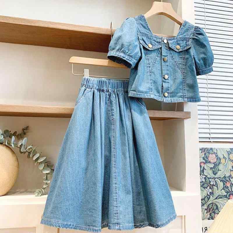 女の子 ワンピース セット 春夏 女児 フレンチ ビンテージ デニム ロングドレス かわいい 子供服 通学用 普段使い 綿素材 伸縮性 ハイウエスト ビッグシルエット ブルー系 軽量 吸湿速乾 気質 クラシック ガールズ ベビー スカート トップス 組み