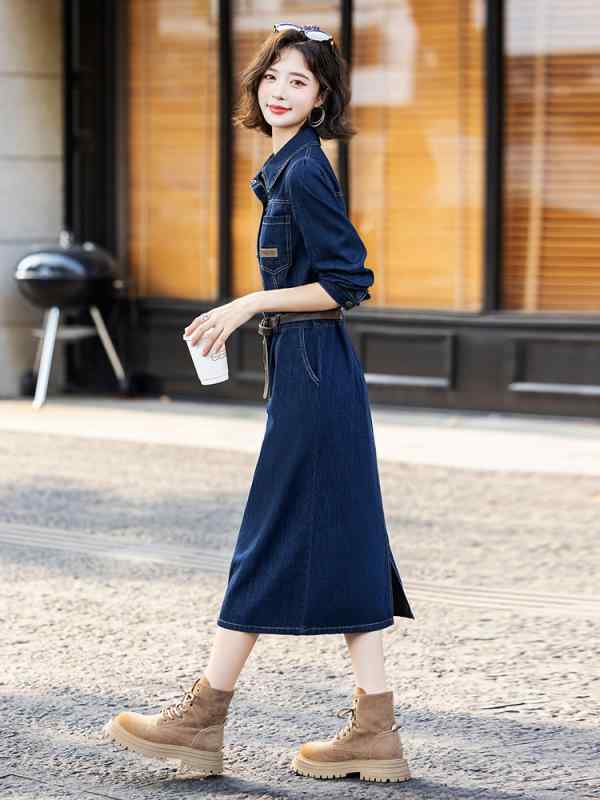 秋冬 ワンピース 女性用 コットン デニム ポロカラー トップス スカート 韓国 シンプル 収腰 ハイウエスト Aライン ミドル丈 スリム 秋冬 コットン デニム 軽量 伸縮性 吸湿速乾 カジュアル 普段使い 通勤用 ビッグシルエット Vネック ブラッ