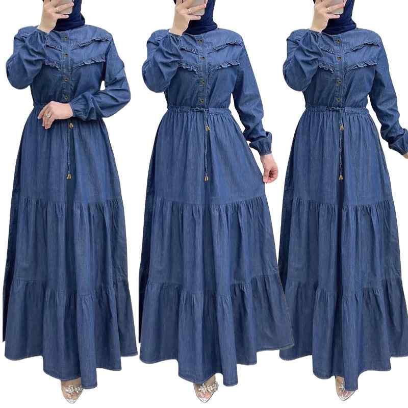 ワンピース 女性用 牛仔 デニム コットン 素材 シンプル 無地 ボタン デザイン ファッション 優雅 ウエスト 収縮 タイプ パフスリーブ ロングドレス 膝丈 スカート 春夏 秋 季節 通勤 普段使い 軽量 伸縮性 吸湿速乾 ハイウエスト ビッグシルエ