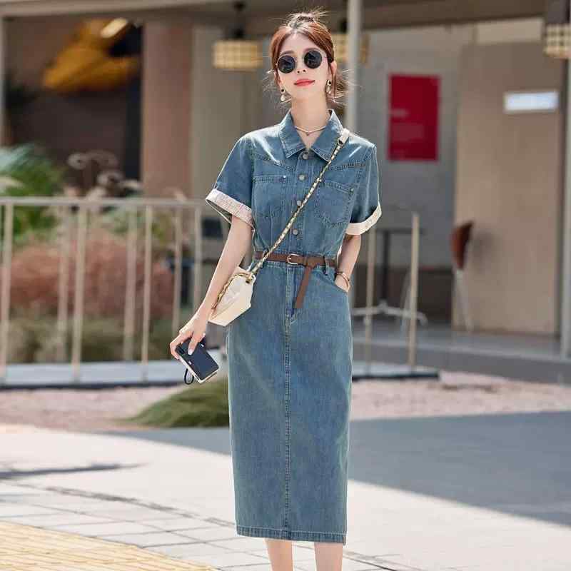 ワンピース 女性用 デニム 夏 春夏 フレンチスタイル ビンテージ ロング丈 膝下丈 膝丈 膝上丈 フレア フレアシルエット Aライン 軽量 伸縮性 吸湿速乾 接触冷感 コットン コットン混 インディゴ ブルー系 ベージュ系 ブラウン系 グレー系 ブラッ