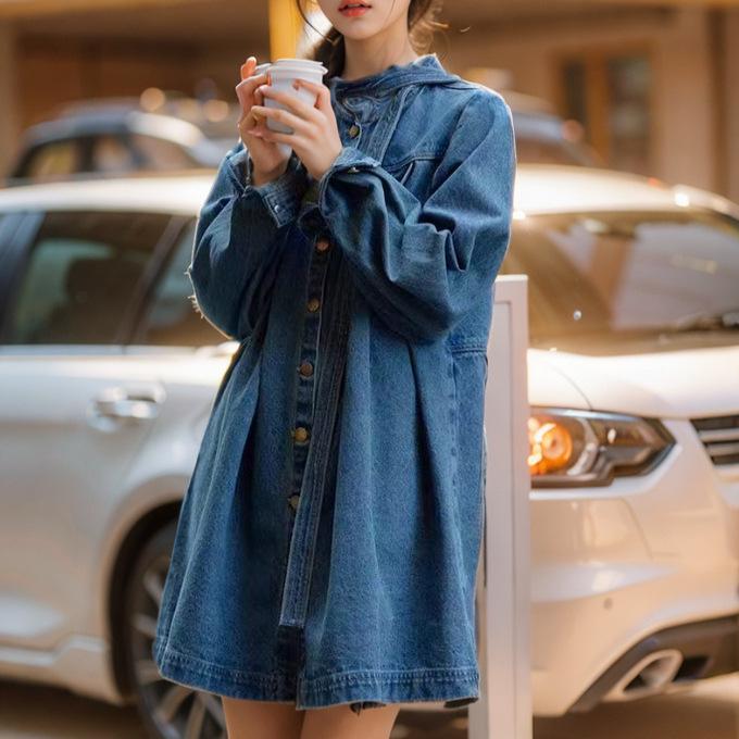 ワンピース レディース 春夏 デニム 素材 切り替え デザイン 長袖 Aライン シルエット かわいい 蝶結び リボン 装飾 ビンテージ 膝丈 フレア スカート 普段使い 通勤用 軽量 伸縮性 コットン 混 紡績 ブルー 系 カラー ユニセックス 対応