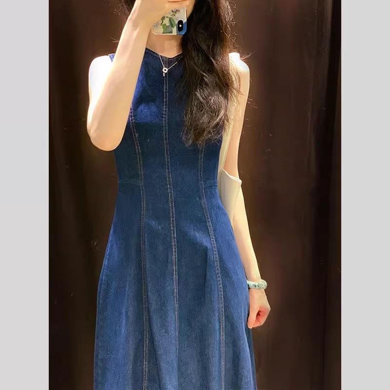 ワンピース レディース 夏 韓国 ブルー 丸首 ノースリーブ デニム コットン 素材 シンプル 百搭 収腰 背心 ロングスカート 軽量 伸縮性 ハイウエスト ビッグシルエット 通勤用 普段使い カジュアルスタイル
