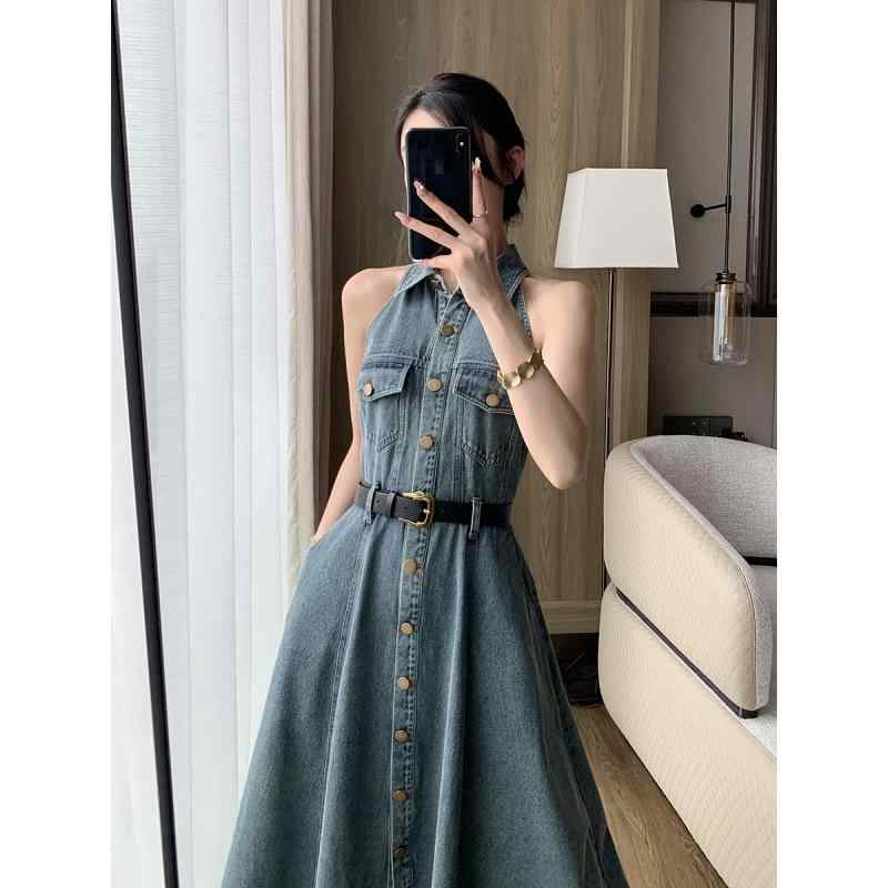 ワンピース レディース 無袖 デニム 春夏 ロング丈 ハイウエスト 収腰 スリムシルエット 気質 ハングネック 通勤用 普段使い 軽量 伸縮性 コットン混 ブルー系 カジュアル フェミニン