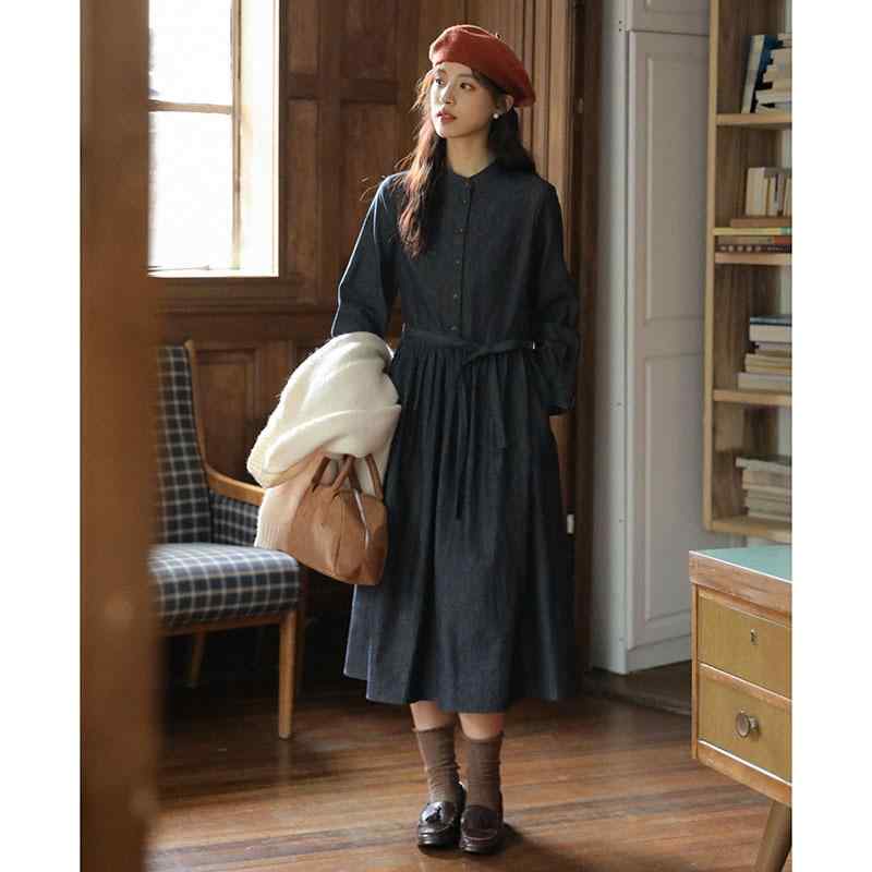 秋冬 ロングドレス 女性用 デニム素材 切り替えデザイン ハイネック 長袖 ネイビー 系帯 ゆったりシルエット 伸縮性 吸湿速乾 通勤用 普段使い 軽量 カジュアルスタイル｜リバーパディ