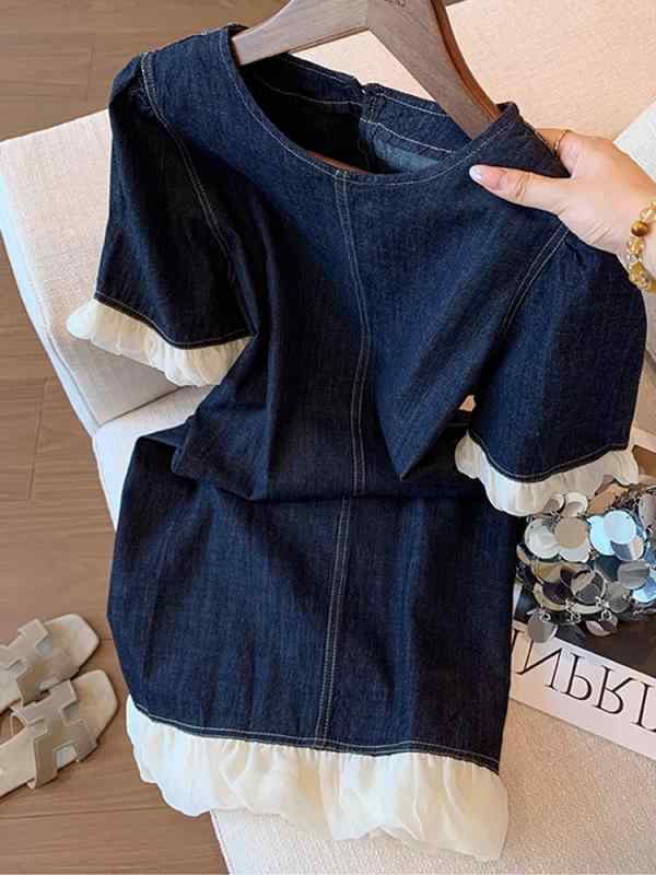 ワンピース 女性用 春夏 ネイビー レース 切り替え デニム コットン 復古 デザイン ゆったり スリム 膝丈 ストレート 軽量 通気性 涼しい カジュアル 日常使い フレア フレアシルエット ビッグシルエット