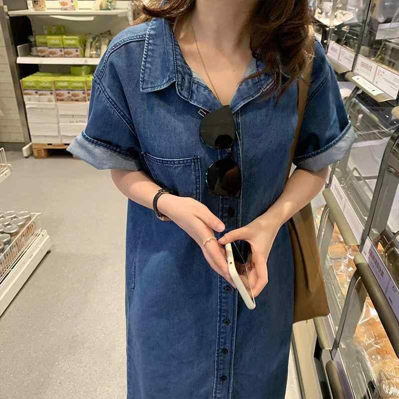 ワンピース 女性用 夏 デニム ロングスカート 短袖 ミドル丈 ウエスト切り替え 体型カバー 気品 シャツデザイン 通勤 普段使い 軽量 伸縮性 吸湿速乾 ブルー系 春夏