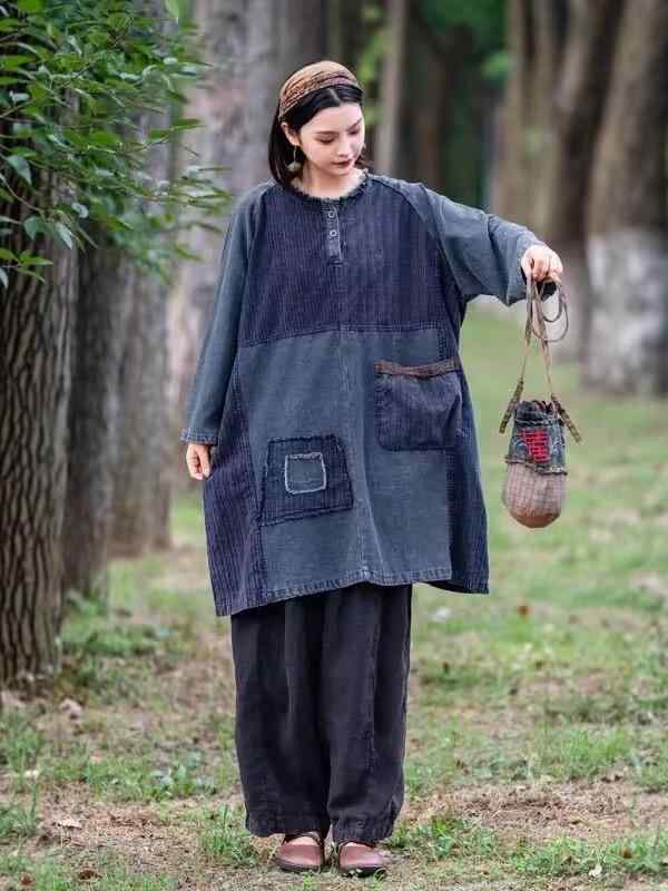ワンピース 女性用 春夏 デニム 再生繊維 ロング ワイド ゆったり 大きいサイズ 欧 スリムライン 切り替え ツートンカラー カジュアル ローブ スタイル 軽量 通勤 普段使い アウトドア かわいい ビッグシルエット ハイウエスト 吸湿速乾 柔らかい
