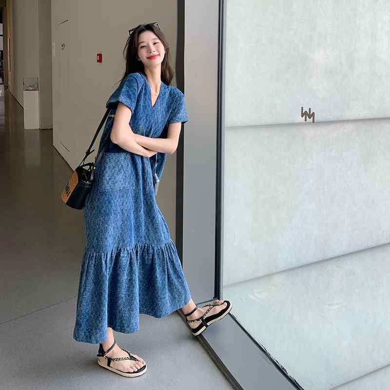 衣装 成人女性用 夏 青み 返り咲き ジーンズ ロング御召しもの ひな型 流行り物 ゆったり フィッシュテール スコート 軽さ 伸縮性 通い 普段使い走り ビッグ影ぼうし