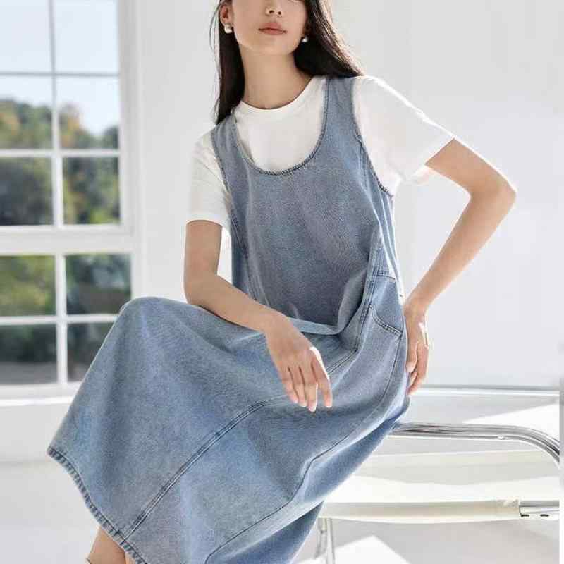 ワンピース 女性用 春夏 牛仔 背心 デザイン シンプル 気品 ファッション カジュアル 普段使い デニム素材 軽量 切り替え 膝丈 シルエット ブラック ブルー ベージュ ストレッチ 吸湿速乾 通勤 デート アウトドア コーディネート