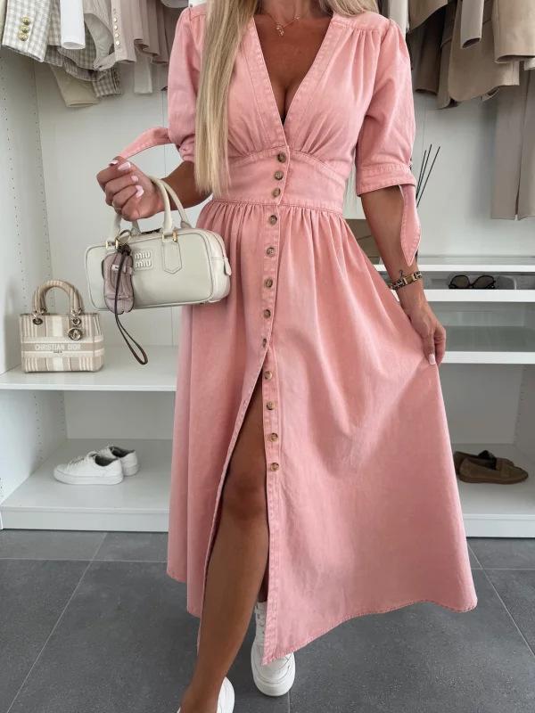 ワンピース レディース Vネック 短袖 ゆったり デニム ロング丈 ボタン 切り替え スカート ロング ゆったりシルエット 通勤用 普段使い 綿 デニム素材 伸縮性 軽量 ビッグシルエット ハイウエスト ブルー系 通年