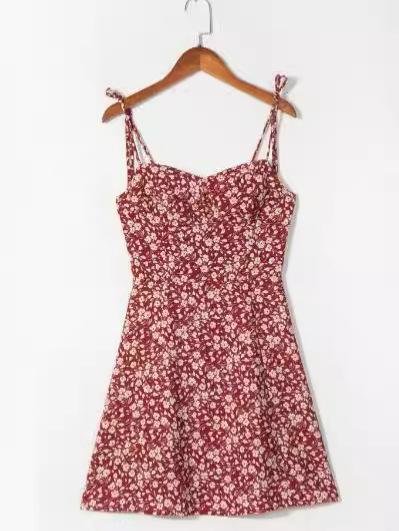 ワンピース レディース フレンチスタイル 結び紐 フラワー柄 背中開き 少女 減? ウエストシェイプ スリム 短丈 コットン混 軽量 伸縮性 春夏 通勤用 普段使い かわいい ビッグシルエット Vネック ピンク系 アイボリー
