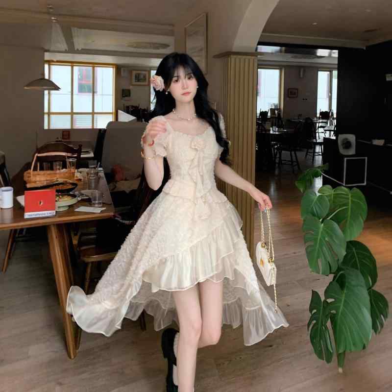 ワンピース 女性用 春夏 フレンチスタイル 気品 減齢効果 前短後長 不規則 ロングトレーン プリンセスドレス 軽量 フレアシルエット コットン混 膝丈 膝下丈 フェミニン デイリー かわいい ピンク系 ブラック 通勤 デート 吸湿速乾 伸縮性 高級感
