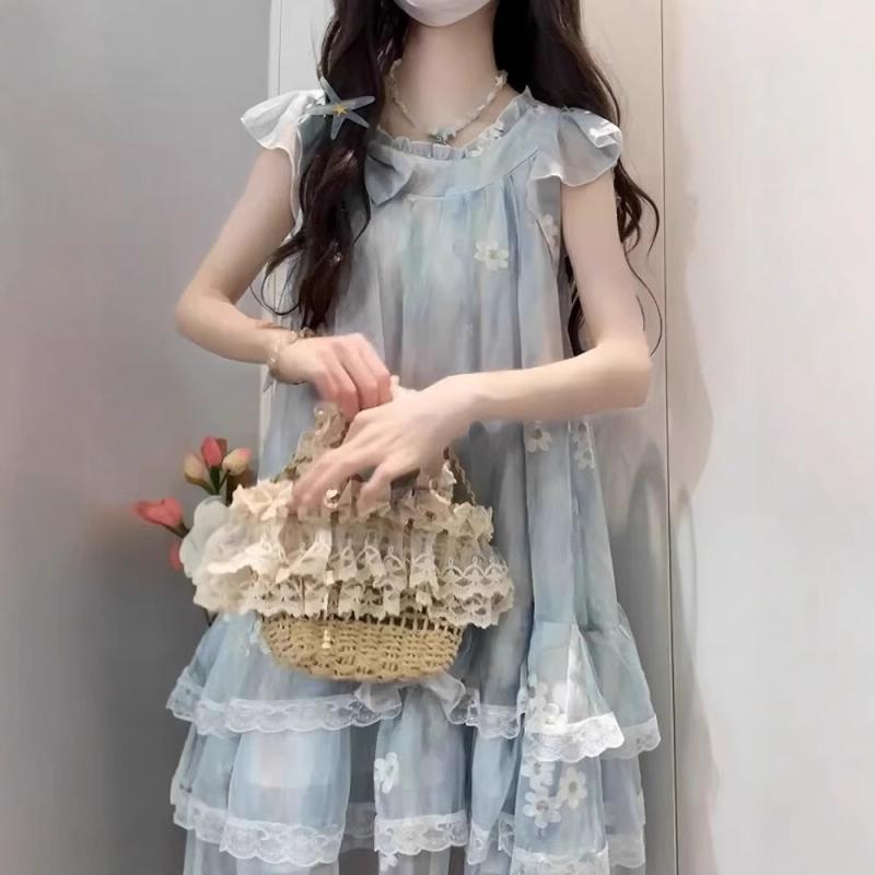 ワンピース 女性用 春夏 フレンチスタイル ショートスリーブ フラワープリント シフォン素材 薄手 軽量 ガーリー ロング丈 膝丈 フレアシルエット 小柄対応 気品 フェミニン かわいい 花柄 透け感 涼しい 通気性 日常使い デートコーデ