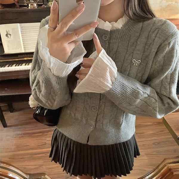 ニット カーディガン メンズ 学院 フェイクツー ピース 短め ラウンドネック 切り替え ニット トップス 木耳エッジ 麻花編み 春 春夏 コットン混 軽量 伸縮性 普段使い 通学 レイヤード グレー ベージュ ブラック カジュアル