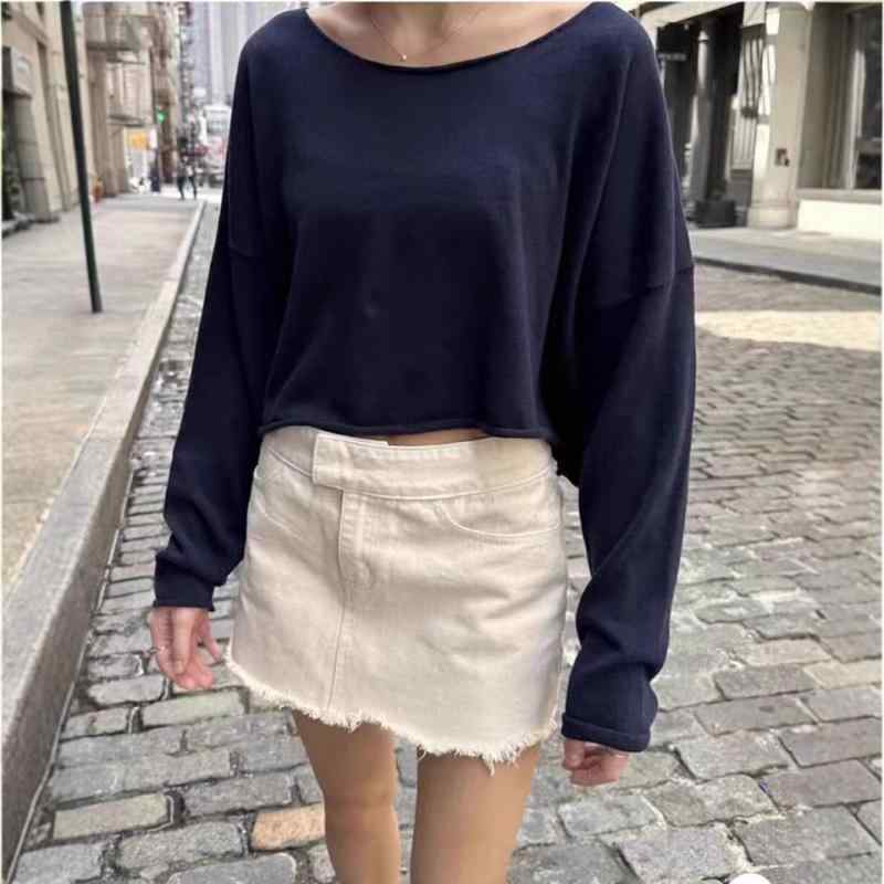 ニット トップス レディース ロングスリーブ 巻き縁 デザイン 純色 復古 女性用 クロップド ニットセーター ウエスト切り替え 軽量 伸縮性 コットン混 ブラック ベージュ カジュアル 普段使い 秋冬