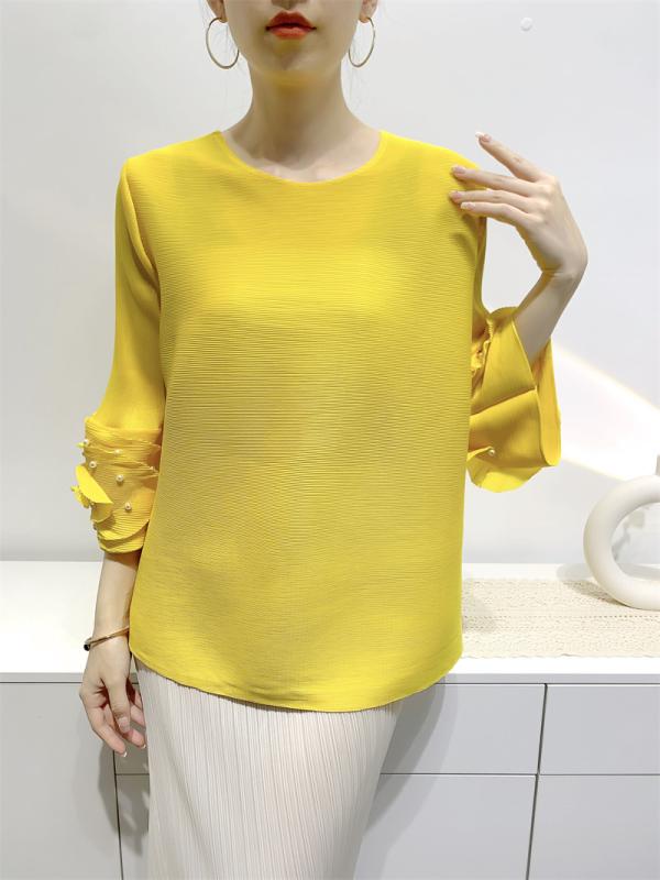 Tシャツ レディース 七分袖 トップス プルオーバー ブラウス カットソー 春夏 ゆったり 体型カバー 着痩せ 細見え お腹周り 二の腕カバー 伸縮性 柔らかい 快適 ラウンドネック クルーネック 丸首 ギャザー プリーツ加工 ビーズ 装飾 デザイン性 ｜リバーパディ