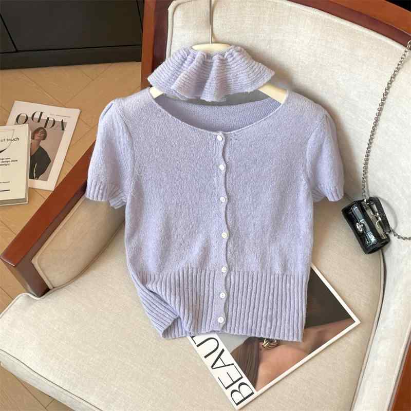 ニット カーディガン 女性用 夏 純色 スリム 軽量 綿素材 短袖 トップス かわいい 百搭 取り外し可能 ヘアゴム 付き 春夏 ファッション アイテム