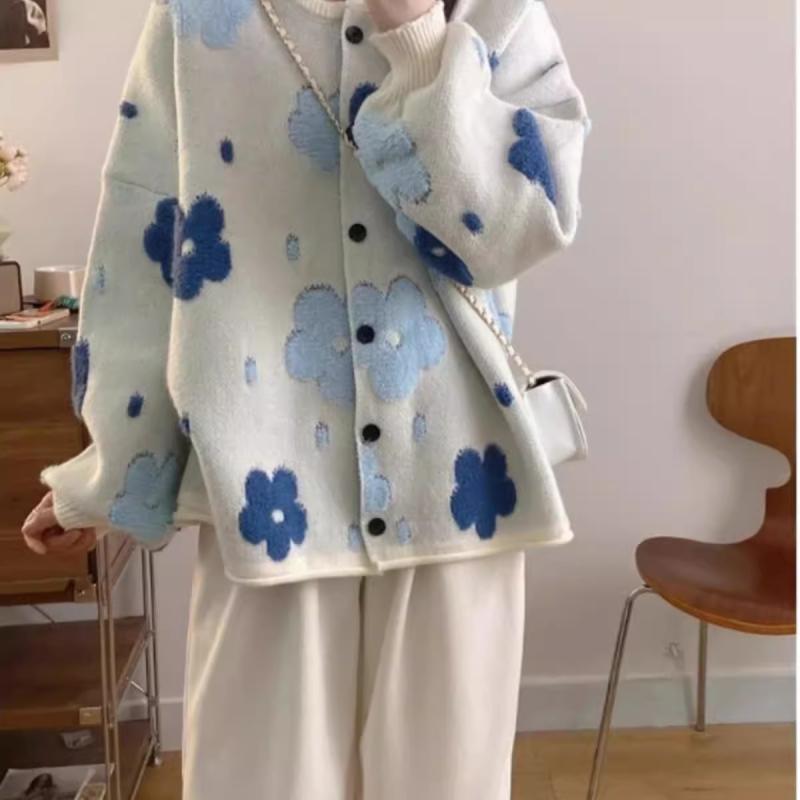 長袖カーディガン セット 女性用 ゆるふわ ロングコート 春夏秋冬 甘め デザイン 花柄 トップス ニット セーター 切り替え コットン混 軽量 伸縮性 普段使い 通勤 通年 ブラック ピンク系 アイボリー